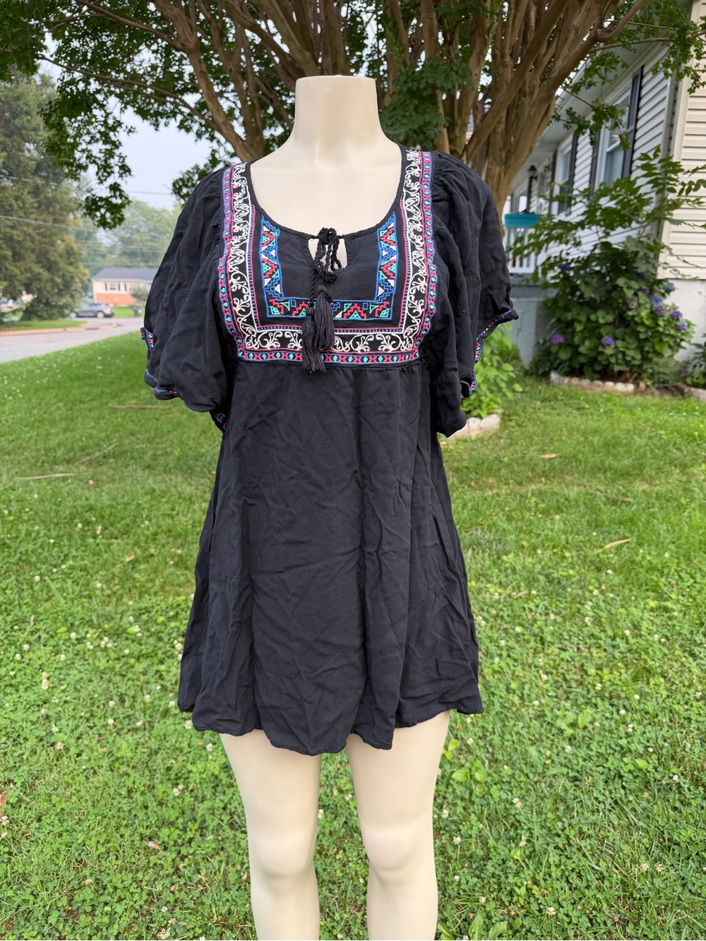 Flying Tomato Black Embroidered Boho Tunic with Blue & Pink Accents